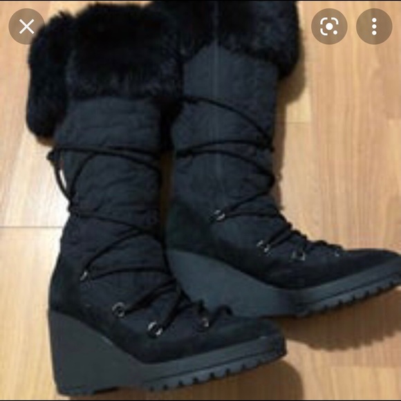 COACH SOFIE Rabbit Fur Trim Monogram, Knee High Platform Snow Boots, Black, Sz 8 - Picture 4 of 8
